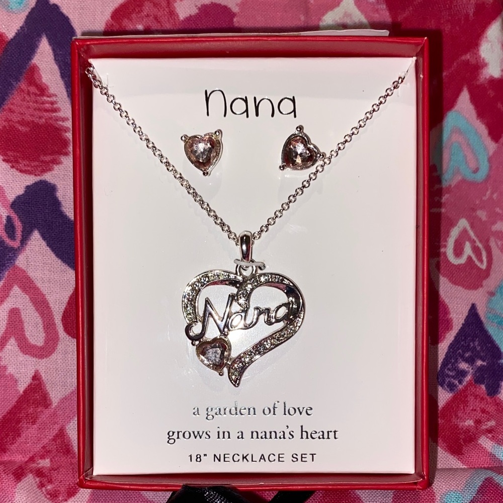Nana Necklace and Earring Set - Silver with Smokey Quarts Hearts